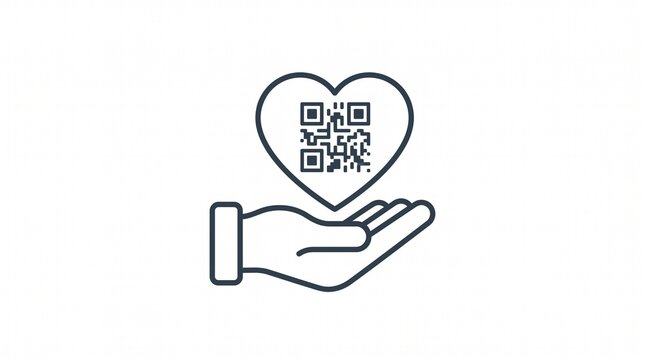 Hand holding heart with QR code icon on white background