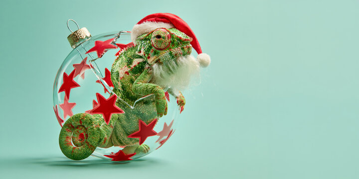 Merry Christmas xmas celebration, animal concept holiday vacation winter greeting card postcard - Funny chameleon with santa hat and christmas bauble ornament, isolated on turquoise background