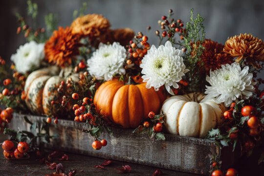 Festive autumn centerpiece combining pumpkins with vibrant seasonal flowers and warm harvest-inspired accents