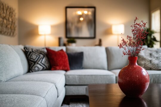 Serene living room featuring a pale gray sofa, soft neutral shades, and understated minimalist decor