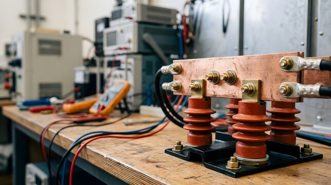 high current copper busbar assembly with insulated mounting supports for electrical power distribution switchgear industrial equipment and engineering