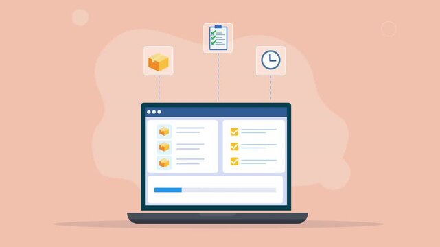 Modern flat vector animation showing a laptop with a task management dashboard and floating calendar, document, and clock icons, representing productivity, scheduling, workflow, and project management