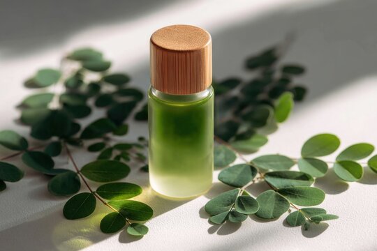 Glass bottle of moringa oil with a natural wooden cap surrounded by fresh leaves and earthy botanical elements