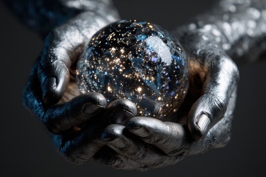 Metallic silver hands cradling a luminous crystal sphere, creating a futuristic mystical visual