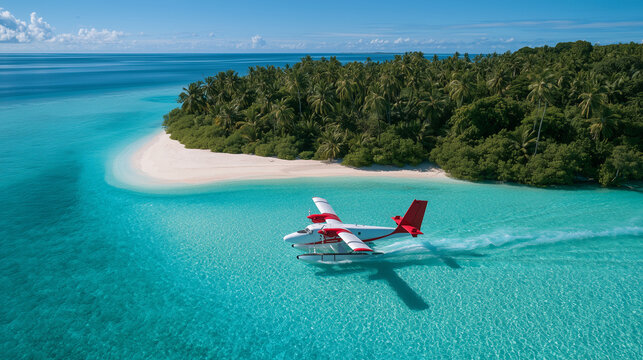 Breathtaking aerial view of a red and white seaplane flying over crystal clear turquoise ocean water and a tropical island. &ETH;&ETH;&raquo;&Ntilde;&Ntilde;&ETH;&cedil;: seaplane, floatplane, aerial view, flying, tropic