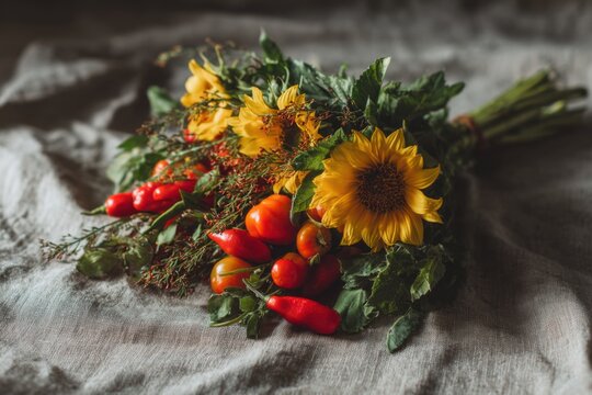 Abundant seasonal arrangement featuring vibrant peppers, cheerful sunflowers, and fresh leafy greens