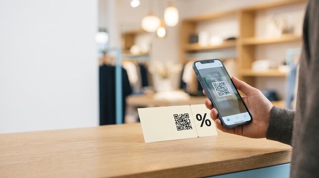 Person scanning discount QR code voucher using smartphone in store