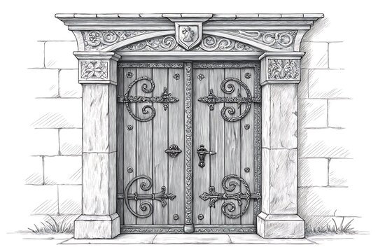 Old ornate double wooden door with metal details and stone frame