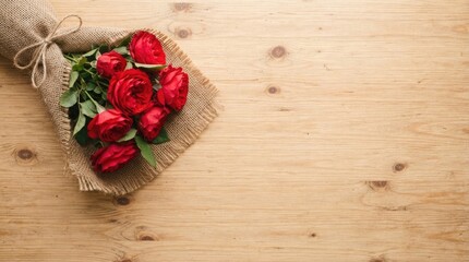 Fototapeta premium A beautiful bouquet of fresh red roses on a wooden background for celebrating happy teacher day festive occasion