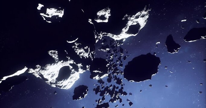 luminous asteroid cluster under deep starfield, scattered ring of bright debris, soft glow on textured surfaces, serene cosmic ballet with subtle light shafts
