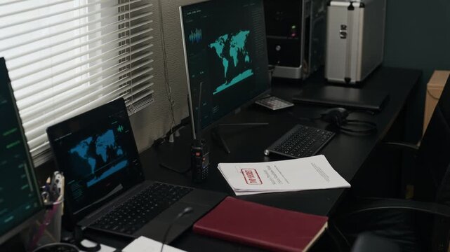 Empty military command center workspace displaying global maps on computer monitors, zooming out slowly. Footage is ideal for cinematic spy thrillers, cybersecurity ads, or defense documentaries