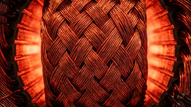 Intricate Braided Copper Wires Glowing Warmly with Electrical Energy and Industrial Detail
