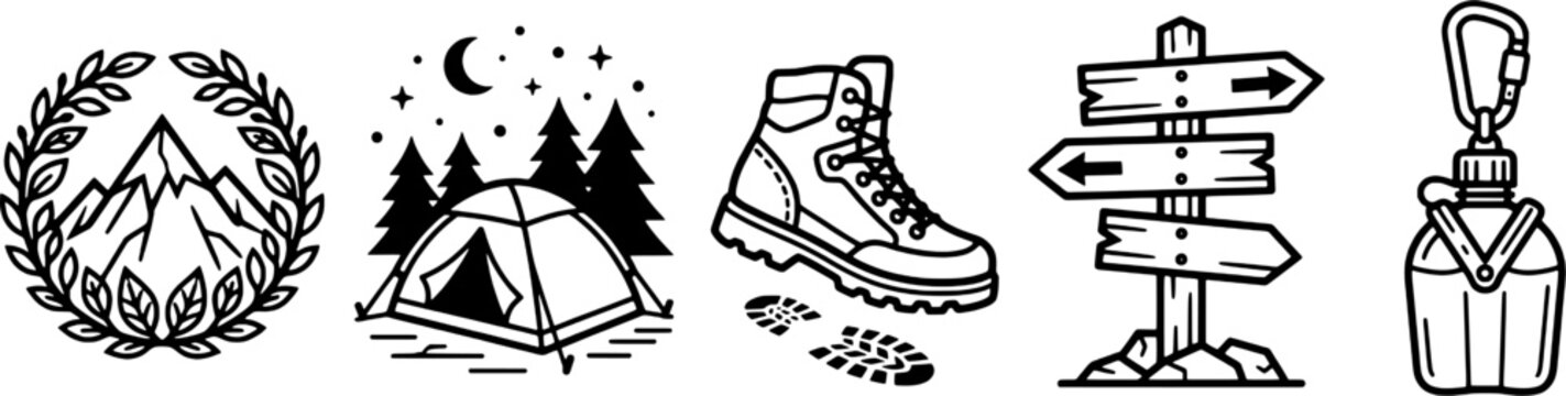 Isolated Eco Tourism Mountain Camping Tent Vector Icon Set