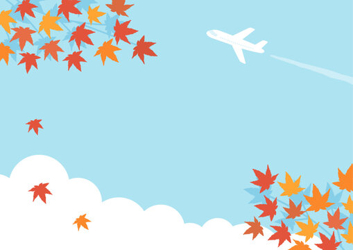 秋の旅行の背景、紅葉と空と飛行機のイラスト
