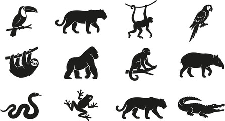 Naklejka premium Rainforest Wildlife Silhouette Vector Collection Featuring Toucan Panther Monkey Parrot Sloth Gorilla Tapir Snake Frog Crocodile