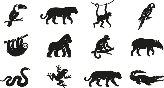 Rainforest Wildlife Silhouette Vector Collection Featuring Toucan Panther Monkey Parrot Sloth Gorilla Tapir Snake Frog Crocodile