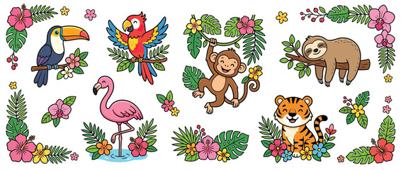 Naklejka premium Cute Jungle Animals and Tropical Flowers Collection