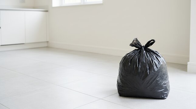 A full garbage bag sitting on the floor in a kitchen representing household waste and cleaning needs full garbage bag sitting on floor kitchen setting household waste cleaning needs nobody copy space