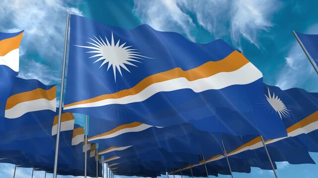 Multiple Marshall Islands flags seamless looping waving on blue sky