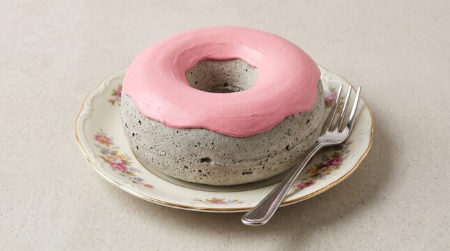 Donut with pink icing on a floral plate and fork  