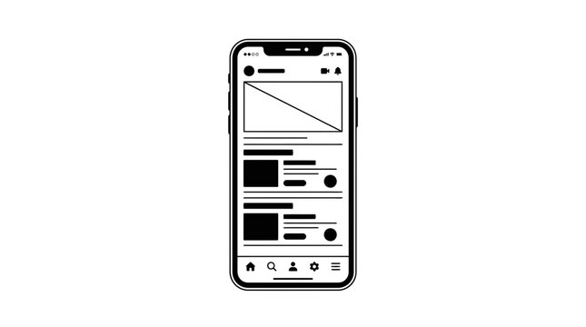 Mobile app interface wireframe on smartphone line icon.