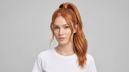 Obraz premium Young woman with long copper red hair in ponytail posing against gray background