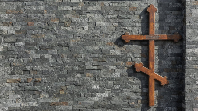 Orthodox wooden cross hanging on a stone wall
