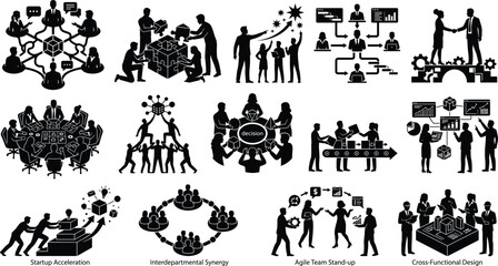 Fototapeta premium Business Teamwork and Corporate Strategy Silhouette Collection with Collaboration Leadership Innovation and Management Concepts