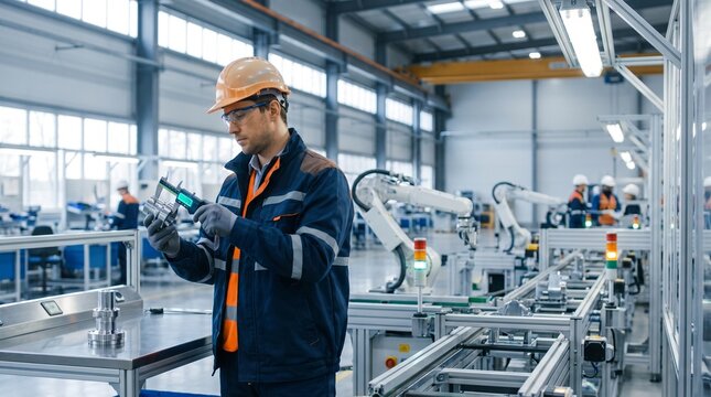 Engineer inspecting metal component in modern automated factory production line