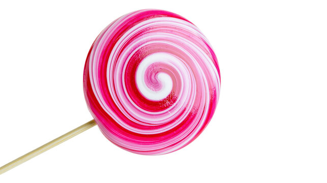 Swirly pink and white lollipop on wooden stick, isolated on transparent background