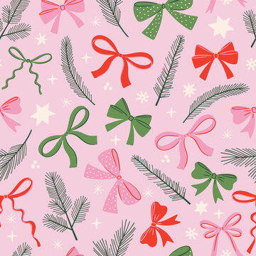 Coquette Christmas bow seamless pattern. Whimsical pink and green ribbons and hand drawn evergreen branches. Modern girly festive vector print for winter wallpaper, wrapping paper and textile.