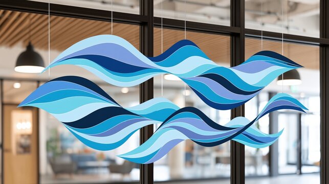 Abstract wavelike forms in shades of blue hang in a modern office space.