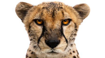 Close-up portrait of a cheetah s face with amber eyes, isolated on transparent background © PNGIG