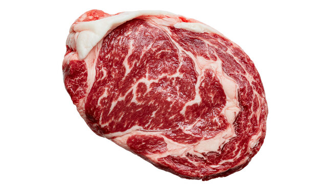 Raw marbled beef ribeye steak with white fat marbling, isolated on transparent background