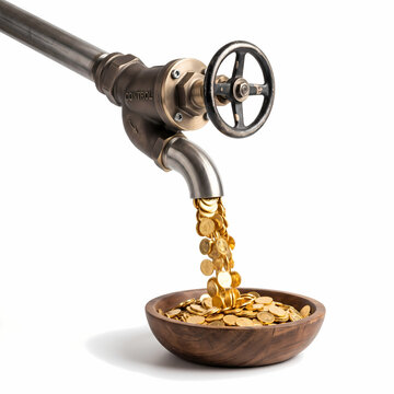Golden Coins Flowing from Water Faucet Tap into Wooden Bowl Concept of Cash Flow and Financial Wealth
