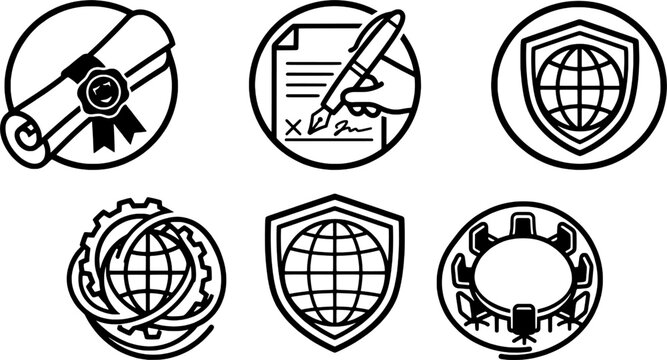 Isolated International Treaty Signature Shield Vector Line Art Badge Set