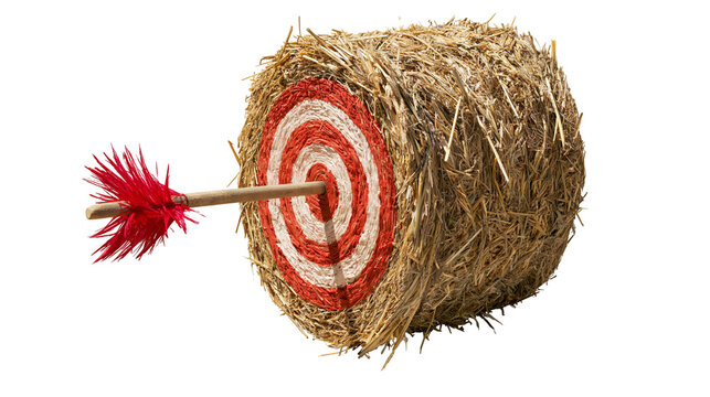 Wooden arrow with red fletching hitting a circular target on a hay bale, isolated on transparent background