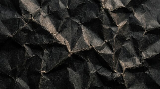 Crumpled black paper texture background with creases and shadows.