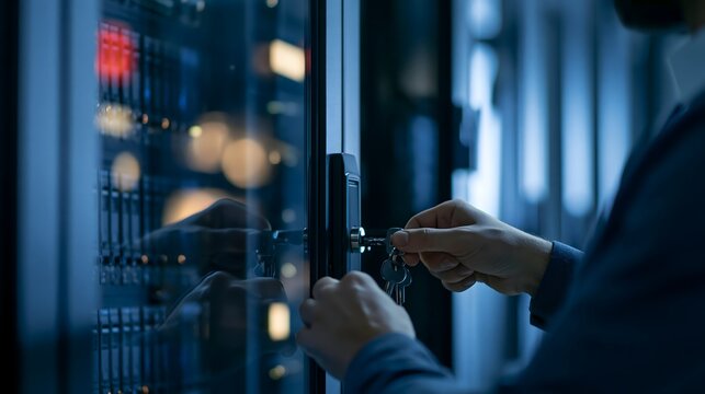 IT-Administrator schliesst ein gesichertes Serverrack im Rechenzentrum ab
