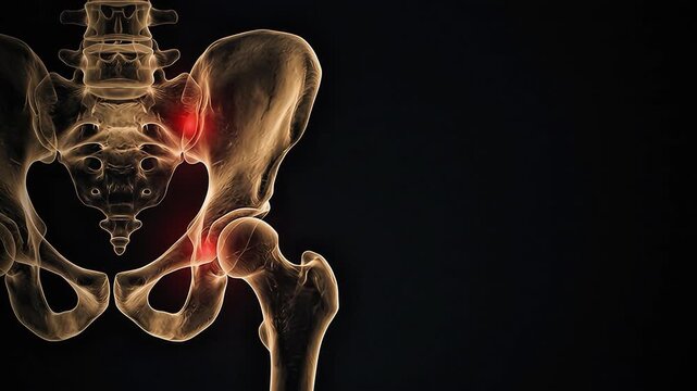 3D Human Pelvis Hip Joint Skeleton Showing Red Glowing Sacroiliitis Joint Pain