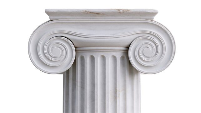 White marble Ionic column capital with volutes, isolated on transparent background