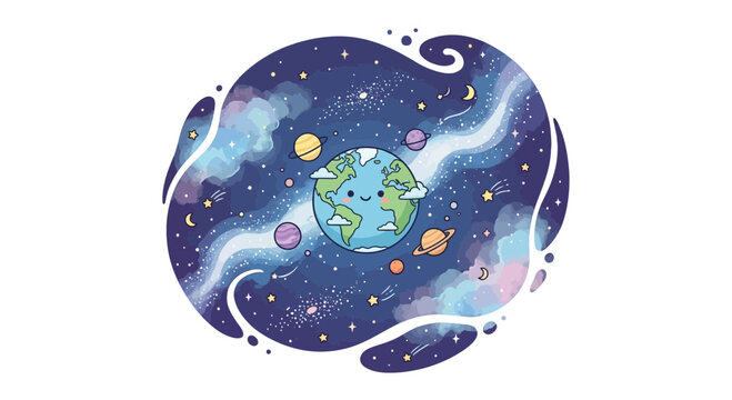 Earth surrounded by swirling white and purple galaxy.