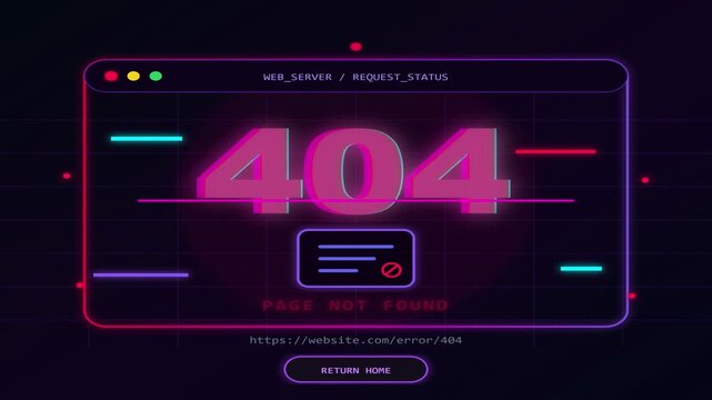 Neon 404 page not found error glitch effect with futuristic ui.