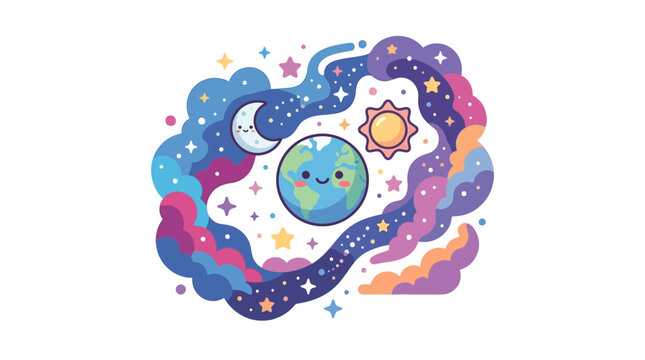 Earth with celestial sun and crescent moon.