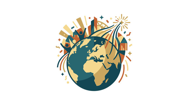 Earth with city skyline and celebratory firework display.