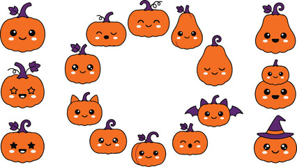 Fototapeta premium Cute Halloween pumpkin characters set with kawaii expressions and funny costumes vector illustration.