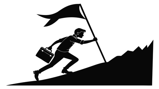 Business success silhouette of man climbing mountain with flag. Ambitious professional reaching peak with briefcase. Leadership and career growth concept.