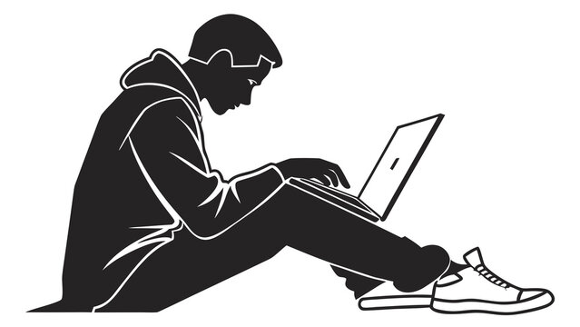 Minimalist silhouette of man working on laptop, student using computer while sitting, black and white vector of freelancer typing on notebook