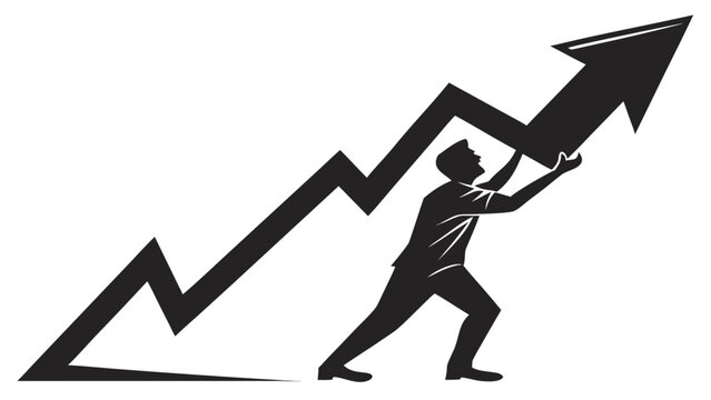 Business growth concept with businessman pushing up a financial arrow, success and market recovery vector, black silhouette of man lifting profit graph
