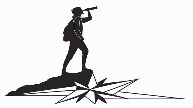 Minimalist hiker silhouette on mountain peak with compass rose, traveler looking through telescope, adventure and navigation concept vector